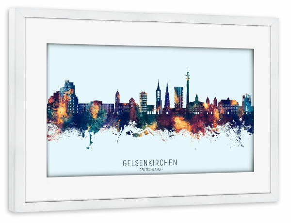 Poster mit Rahmen weiß "Gelsenkirchen Skyline BlauOrange" artboxONE - Städte