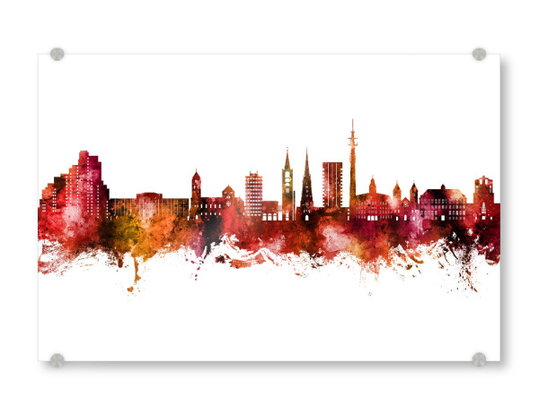Acrylglasbild "Gelsenkirchen Skyline Rot" artboxONE - Städte - Gelsenkirchen,Deutschland,Deutschland,Skyline,Stadtbild,Stadtbild,Aquarell,Malerei