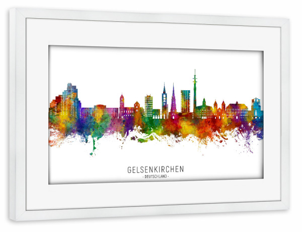 Poster mit Rahmen weiß "Gelsenkirchen Skyline txt" artboxONE - Städte