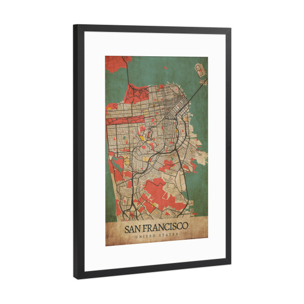 Poster mit Rahmen Schwarz (Metallic) "Vintage San Francisco" artboxONE - Städte / San Francisco,Kartografie