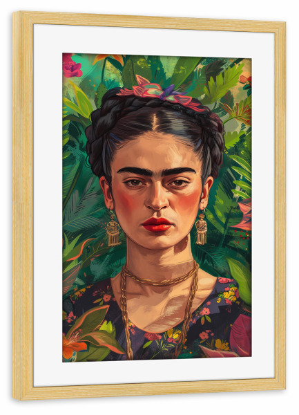 Poster mit Rahmen kiefer "Frida Kahlo - tropische Pflanzen" artboxONE - Natur,Floral,Menschen - Frida kahlo,Tropisch,Pflanzen,Grün