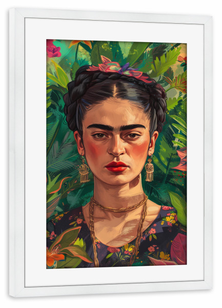 Poster mit Rahmen weiß "Frida Kahlo - tropische Pflanzen" artboxONE - Natur,Floral,Menschen - Frida kahlo,Tropisch,Pflanzen,Grün