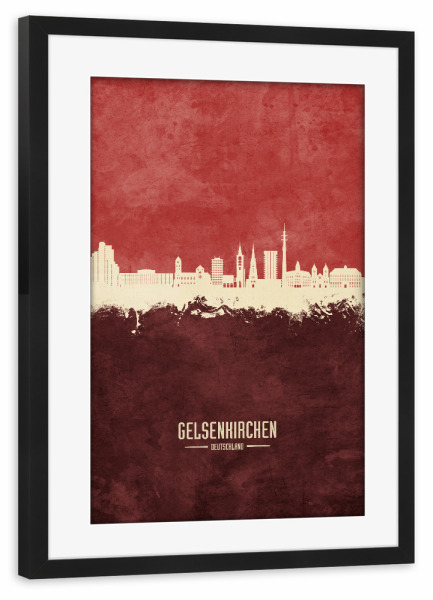 Poster mit Rahmen schwarz "Gelsenkirchen Skyline Dunkelrot" artboxONE - Städte