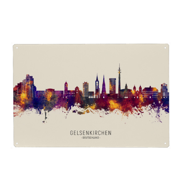 Holzbild "Gelsenkirchen Skyline Herbstname" artboxONE - Städte - Gelsenkirchen,Deutschland,Skyline,Stadtbild,Stadtbild,Aquarell,Malerei