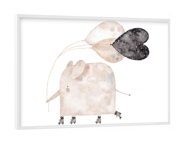 Poster mit weißem Rahmen "Voglhuber - Elefant mit Ballons" artboxONE - Für Kinder,Tiere,Liebe