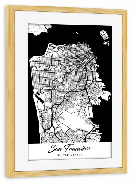 Poster mit Rahmen kiefer "San Francisco CityMap" artboxONE - Schwarzweiß,Städte / San Francisco,Kartografie
