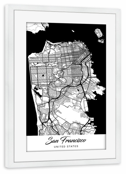 Poster mit Rahmen weiß "San Francisco CityMap" artboxONE - Schwarzweiß,Städte / San Francisco,Kartografie