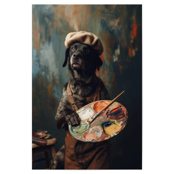 Poster 30x20 cm "Maler-Künstler-Hund" artboxONE - Tiere,Lustig - Anthropomorphismus,Künstler,Niedlich,Hund,Lustig,Maler,Maler malen,Gemälde,Stehend