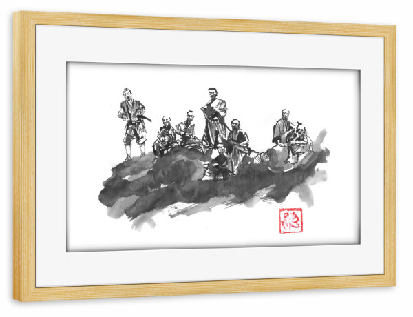 Poster mit Rahmen kiefer "Bech von Samurai" artboxONE - Schwarzweiß,Reise / Asien - Samurai,Sumie,Japan