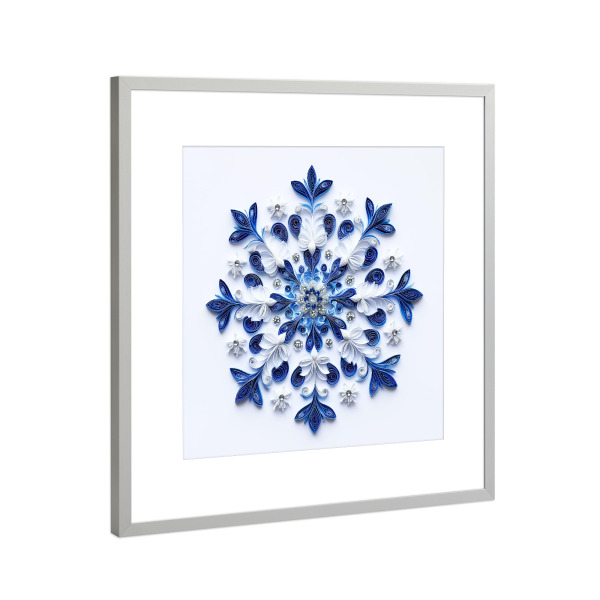 Poster mit Rahmen Silber "Papierschneeflocke" artboxONE - Abstrakt - Kunst,Blau,Japanisch,Papier,Papierquilling,Schnee,Schneeflocke,Weiß