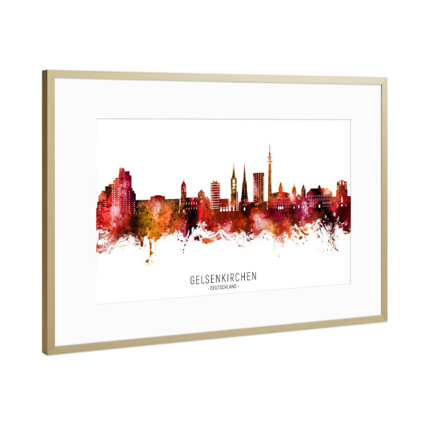 Poster mit Rahmen Gold "Gelsenkirchen Skyline Roter Name" artboxONE - Städte - Gelsenkirchen,Deutschland,Skyline,Stadtbild,Stadtbild,Aquarell,Malerei