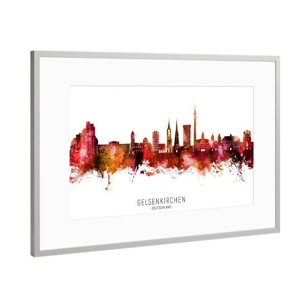 Poster mit Rahmen Silber "Gelsenkirchen Skyline Roter Name" artboxONE - Städte