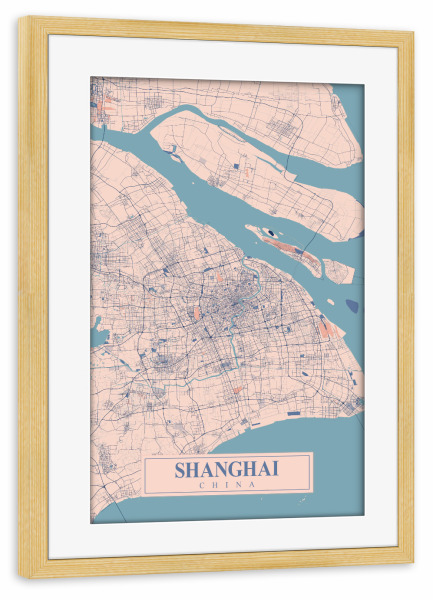Poster mit Rahmen kiefer "Stadtplan Shanghai" artboxONE - Städte / Shanghai,Kartografie