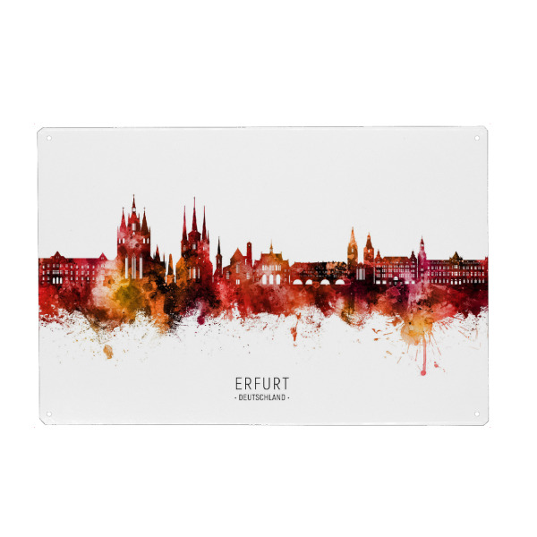 Holzbild "Erfurt Skyline Roter Name" artboxONE - Städte - Erfurt,Deutschland,Skyline,Stadtbild,Stadtbild,Aquarell,Malerei