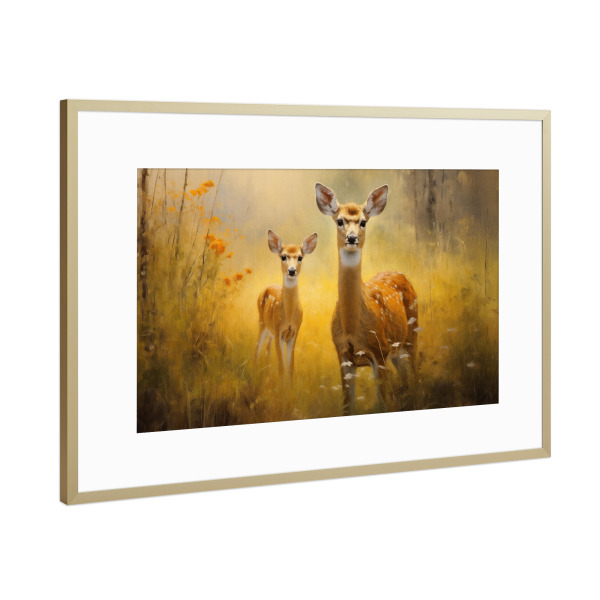 Poster mit Rahmen Gold "Mutter und Baby-Hirsch" artboxONE - Natur,Tiere