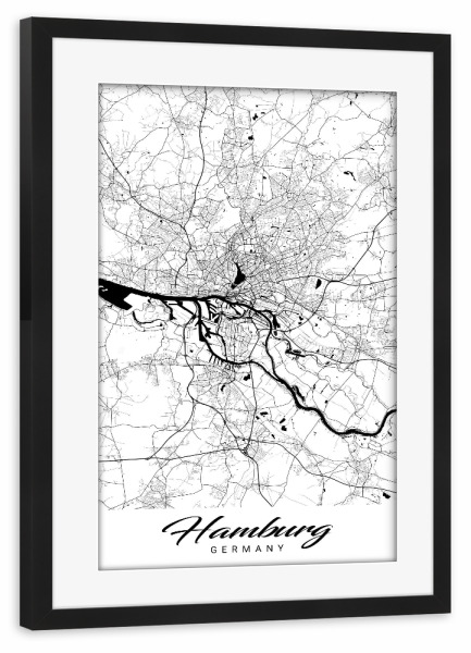 Poster mit Rahmen schwarz "Hamburg City Map" artboxONE - Städte / Hamburg,Schwarzweiß,Kartografie