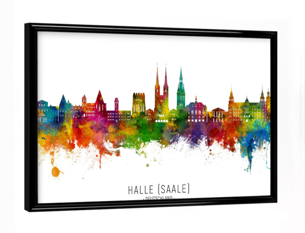 Poster mit schwarzem Rahmen "Halle (Saale) Skyline txt" artboxONE - Städte - Halle (saale),Deutschland,Skyline,Stadtbild,Aquarell,Malerei