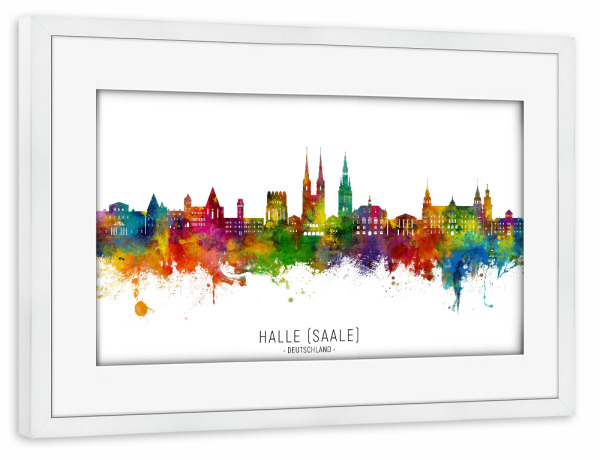 Poster mit Rahmen weiß "Halle (Saale) Skyline txt" artboxONE - Städte - Halle (saale),Deutschland,Skyline,Stadtbild,Aquarell,Malerei