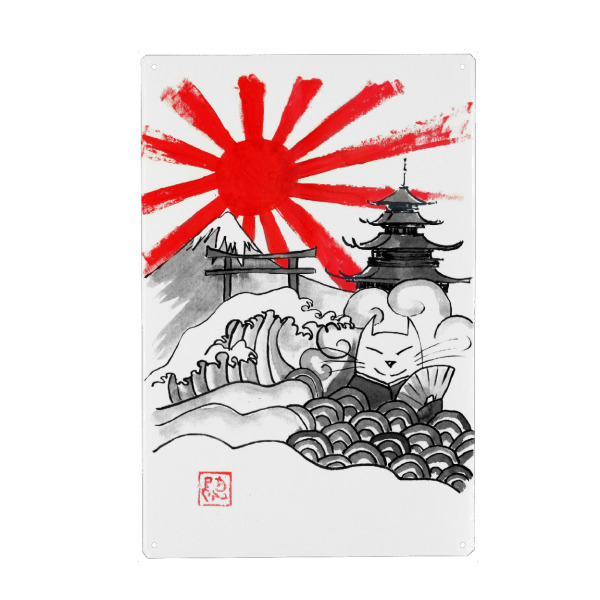 Metall Poster "Neko nihon" artboxONE - Reise / Asien - Sonne,Sumie,Katze,Pagode,Fuji - Blechschild