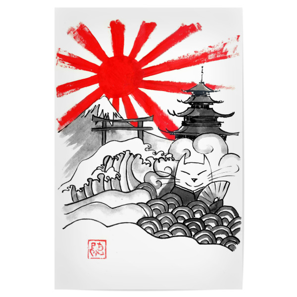 Poster 30x20 cm "Neko nihon" artboxONE - Reise / Asien - Sonne,Sumie,Katze,Pagode,Fuji