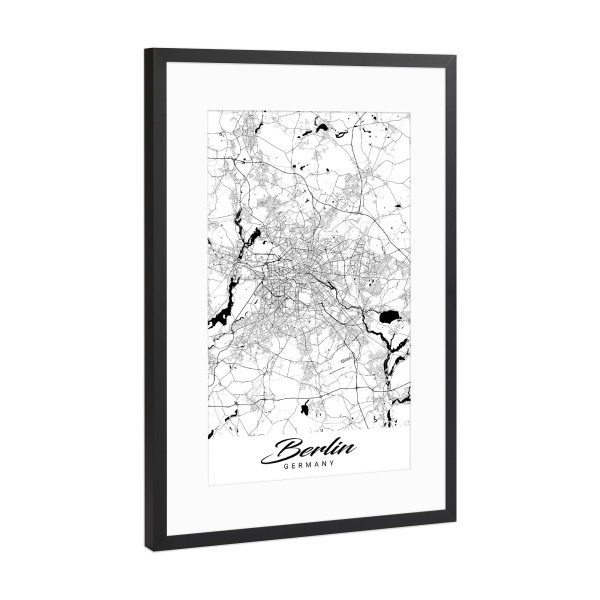 Poster mit Rahmen Schwarz (Metallic) "Berlin City Map" artboxONE - Städte / Berlin,Schwarzweiß,Kartografie