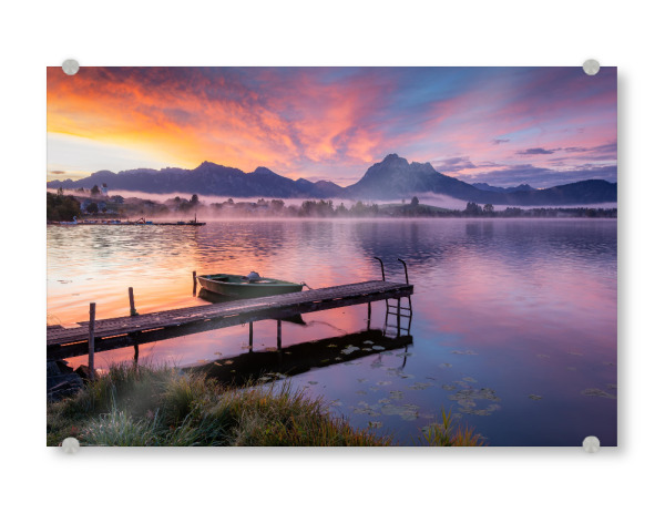 Acrylglasbild "Sonnenaufgang am Hopfensee" artboxONE - Natur,Reise / Länder - Ostallgäu,Bayern,Deutschland,Hopfensee,Steg,Sonnenaufgang,Nebel,Herbst