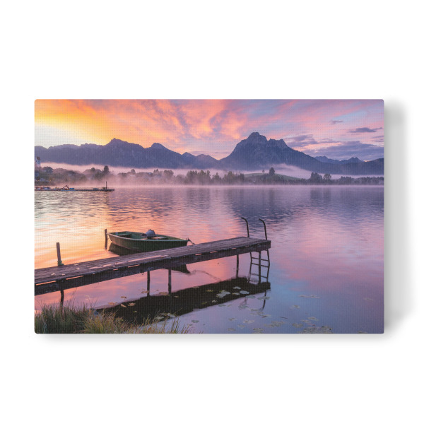 Leinwandbild "Sonnenaufgang am Hopfensee" artboxONE - Natur,Reise / Länder - Ostallgäu,Bayern,Deutschland,Hopfensee,Steg,Sonnenaufgang,Nebel,Herbst