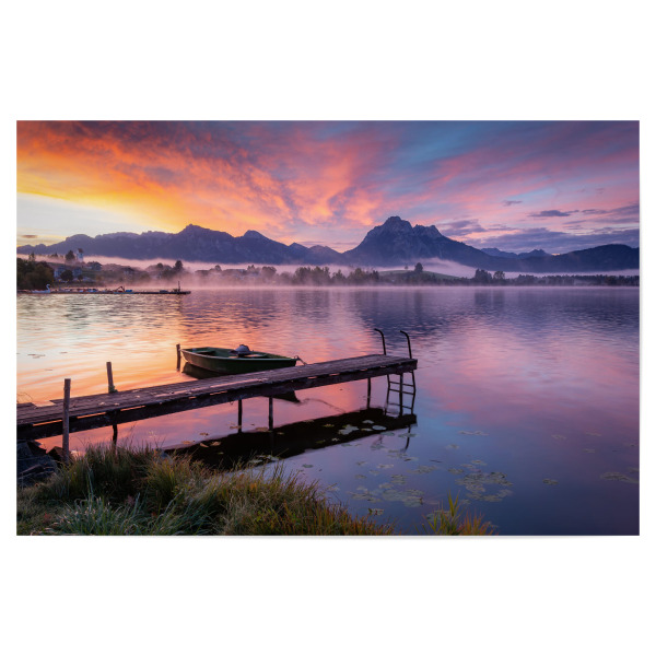 Poster 30x20 cm "Sonnenaufgang am Hopfensee" artboxONE - Natur,Reise / Länder - Ostallgäu,Bayern,Deutschland,Hopfensee,Steg,Sonnenaufgang,Nebel,Herbst