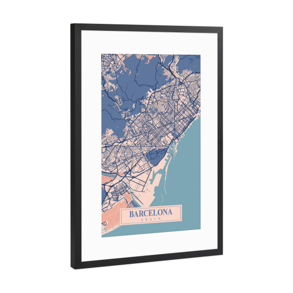 Poster mit Rahmen Schwarz (Metallic) "Barcelona als Stadtplan" artboxONE - Städte / Barcelona,Kartografie