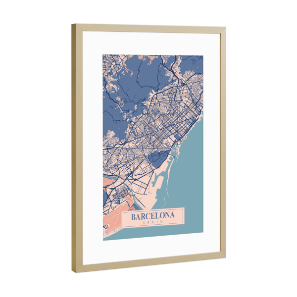 Poster mit Rahmen Gold "Barcelona als Stadtplan" artboxONE - Städte / Barcelona,Kartografie