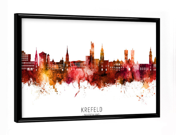 Poster mit schwarzem Rahmen "Krefeld Skyline Roter Name" artboxONE - Städte - Krefeld,Deutschland,Skyline,Stadtbild,Aquarell,Gemälde