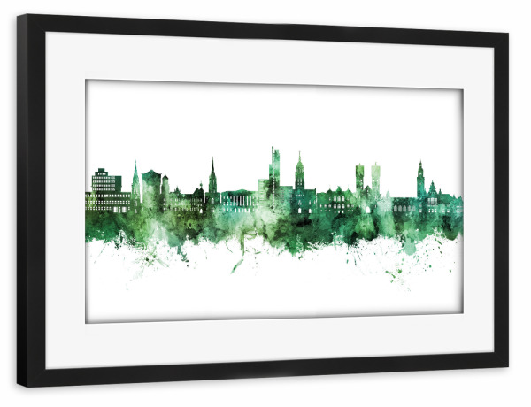 Poster mit Rahmen schwarz "Krefeld Deutschland Skyline Grün" artboxONE - Städte - Krefeld,Deutschland,Skyline,Stadtbild,Aquarell,Gemälde