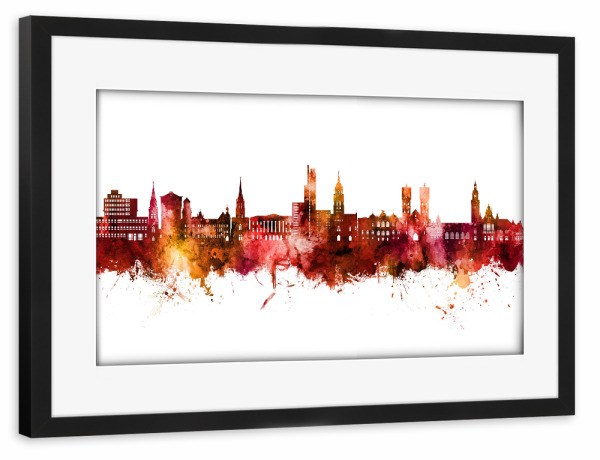 Poster mit Rahmen schwarz "Krefeld Deutschland Skyline Rot" artboxONE - Städte - Krefeld,Deutschland,Skyline,Stadtbild,Aquarell,Gemälde