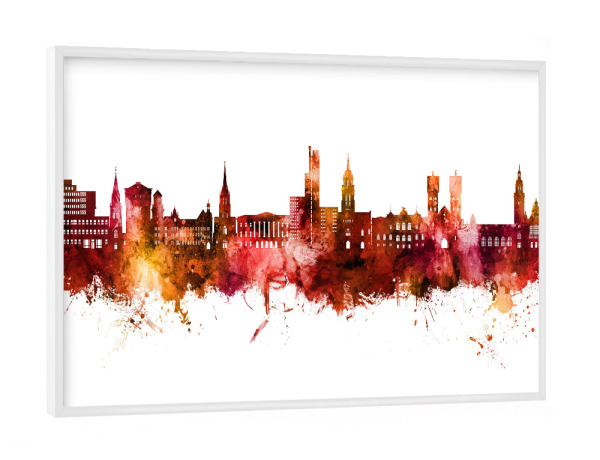 Poster mit weißem Rahmen "Krefeld Deutschland Skyline Rot" artboxONE - Städte - Krefeld,Deutschland,Skyline,Stadtbild,Aquarell,Gemälde