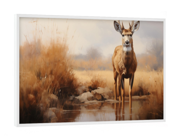 Poster mit weißem Rahmen "Niedliches Reh auf einem Fluss" artboxONE - Natur,Tiere