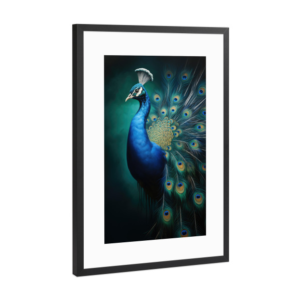 Poster mit Rahmen Schwarz (Metallic) "Gemaltes Pfauenporträt" artboxONE - Natur,Tiere