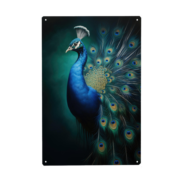 Metall Poster "Gemaltes Pfauenporträt" artboxONE - Natur,Tiere - Tier,Kunst,Vogel,Eisvogel,Natur,öl,Farbe,Malerei,Pfau,Porträt,Sitzend,Wild,Tierwelt
