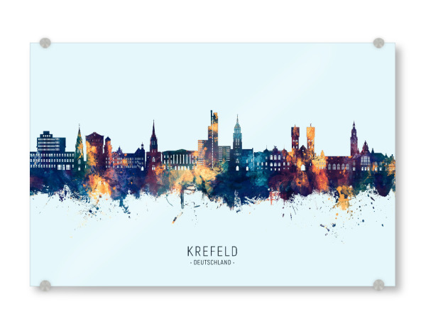 Acrylglasbild "Krefeld Skyline BlauOrange" artboxONE - Städte - Krefeld,Deutschland,Skyline,Stadtbild,Aquarell,Gemälde
