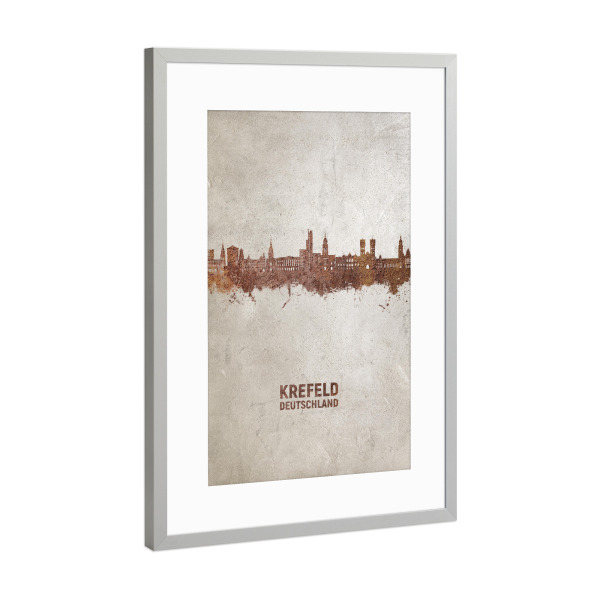 Poster mit Rahmen Silber "Krefeld Germany Skyline Rust" artboxONE - Städte - Krefeld,Deutschland,Skyline,Stadtbild,Aquarell,Gemälde