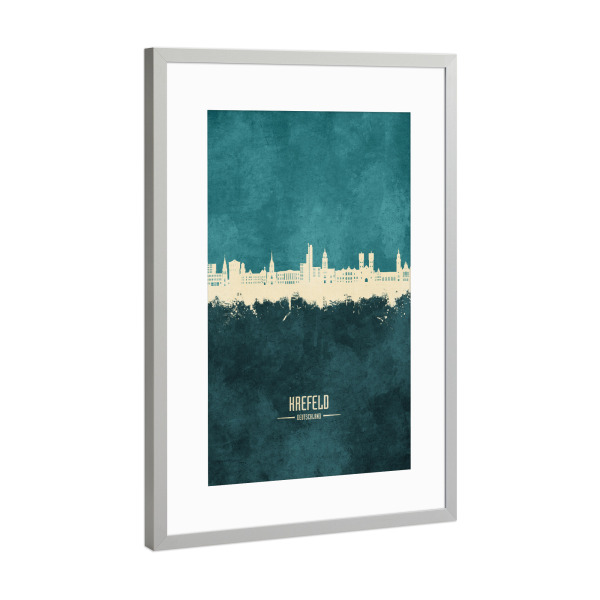 Poster mit Rahmen Silber "Krefeld Skyline Türkis" artboxONE - Städte - Krefeld,Deutschland,Skyline,Stadtbild,Stadtbild,Aquarell,Gemälde
