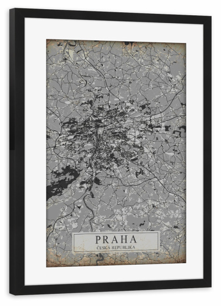 Poster mit Rahmen schwarz "Vintage City Prag Map" artboxONE - Städte / Prag,Kartografie