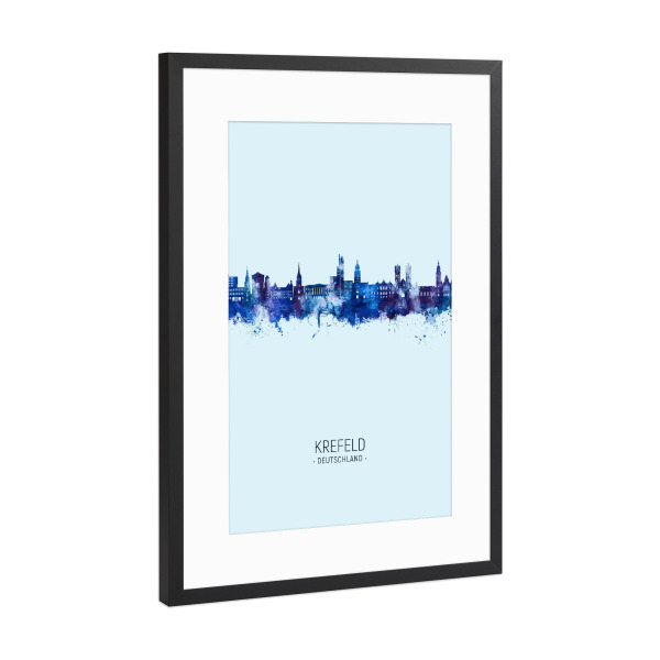 Poster mit Rahmen Schwarz (Metallic) "Krefeld Skyline Dunkelblau" artboxONE - Städte - Krefeld,Deutschland,Skyline,Stadtbild,Aquarell,Gemälde