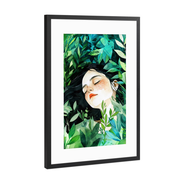 Poster mit Rahmen Schwarz (Metallic) "Schlafen im Gras" artboxONE - Natur,Menschen - Frau,Mädchen,Dame,Aquarell,Stillleben,Natur