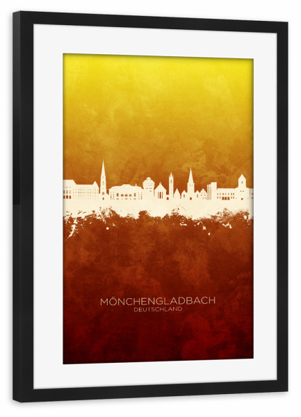 Poster mit Rahmen schwarz "Mönchengladbach Skyline RotGelb" artboxONE - Städte