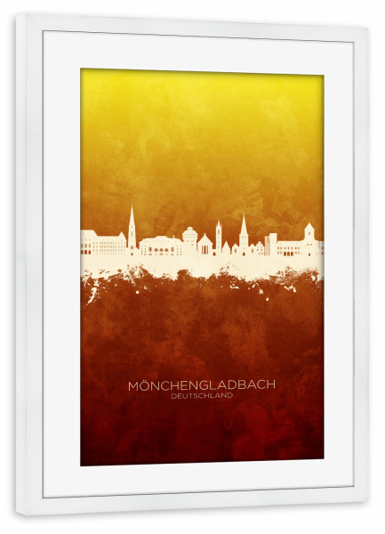 Poster mit Rahmen weiß "Mönchengladbach Skyline RotGelb" artboxONE - Städte