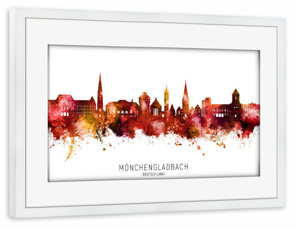 Poster mit Rahmen weiß "Mönchengladbach Skyline in rot" artboxONE - Städte - Mönchengladbach,Deutschland,Skyline,Stadtbild,Aquarell,Malerei