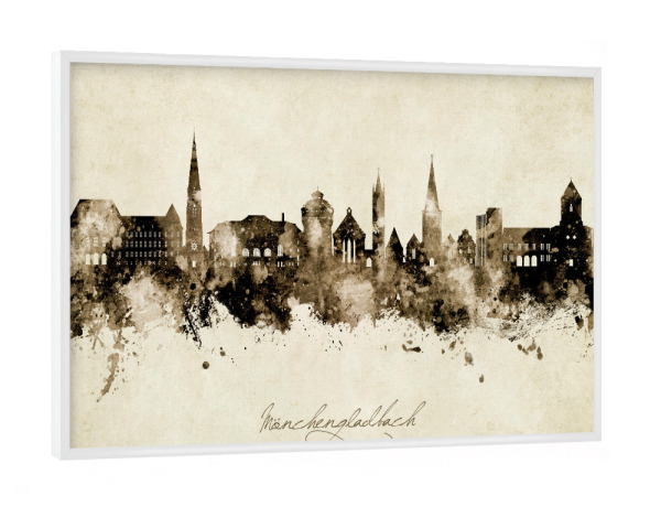 Poster mit weißem Rahmen "Mönchengladbach Skyline Sepia" artboxONE - Städte - Mönchengladbach,Deutschland,Skyline,Stadtbild,Aquarell,Malerei