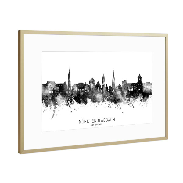 Poster mit Rahmen Gold "Mönchengladbach Skyline BW Text" artboxONE - Städte