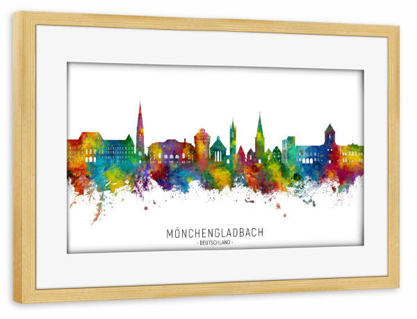 Poster mit Rahmen kiefer "Mönchengladbach Skyline txt" artboxONE - Städte - Mönchengladbach,Stadtbild,Stadtbild,Aquarell,Malerei,Deutschland,Skyline