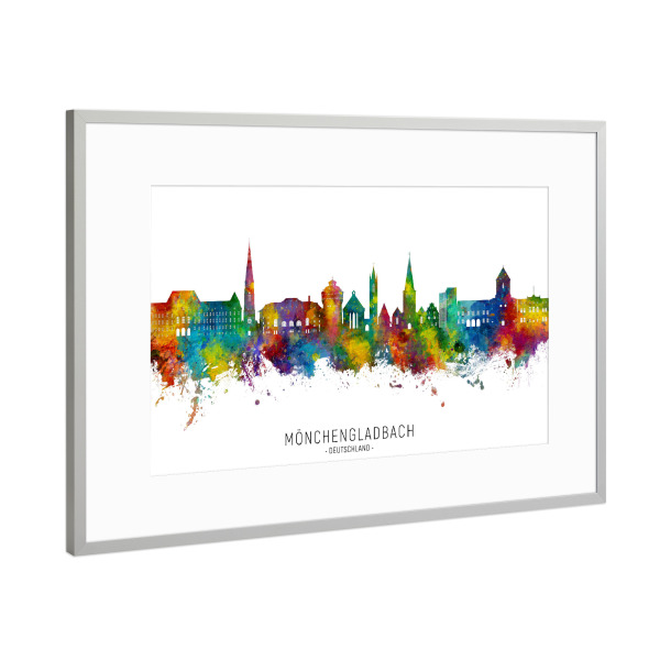 Poster mit Rahmen Silber "Mönchengladbach Skyline txt" artboxONE - Städte - Mönchengladbach,Stadtbild,Stadtbild,Aquarell,Malerei,Deutschland,Skyline